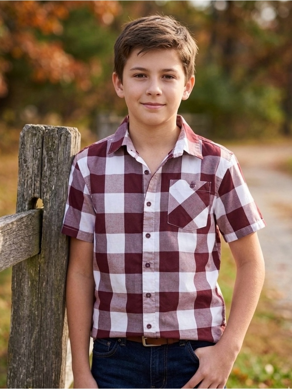 Boys Short Sleeve Plaid Button-Up Shirt - Maroon & White